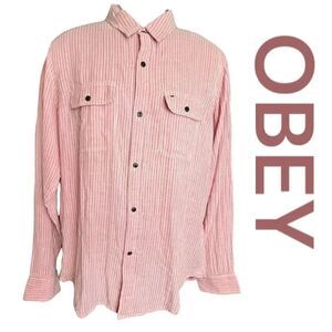 Obey Propaganda Men's Striped Long Sleeve Button-Down Shirt Red White Size Large
